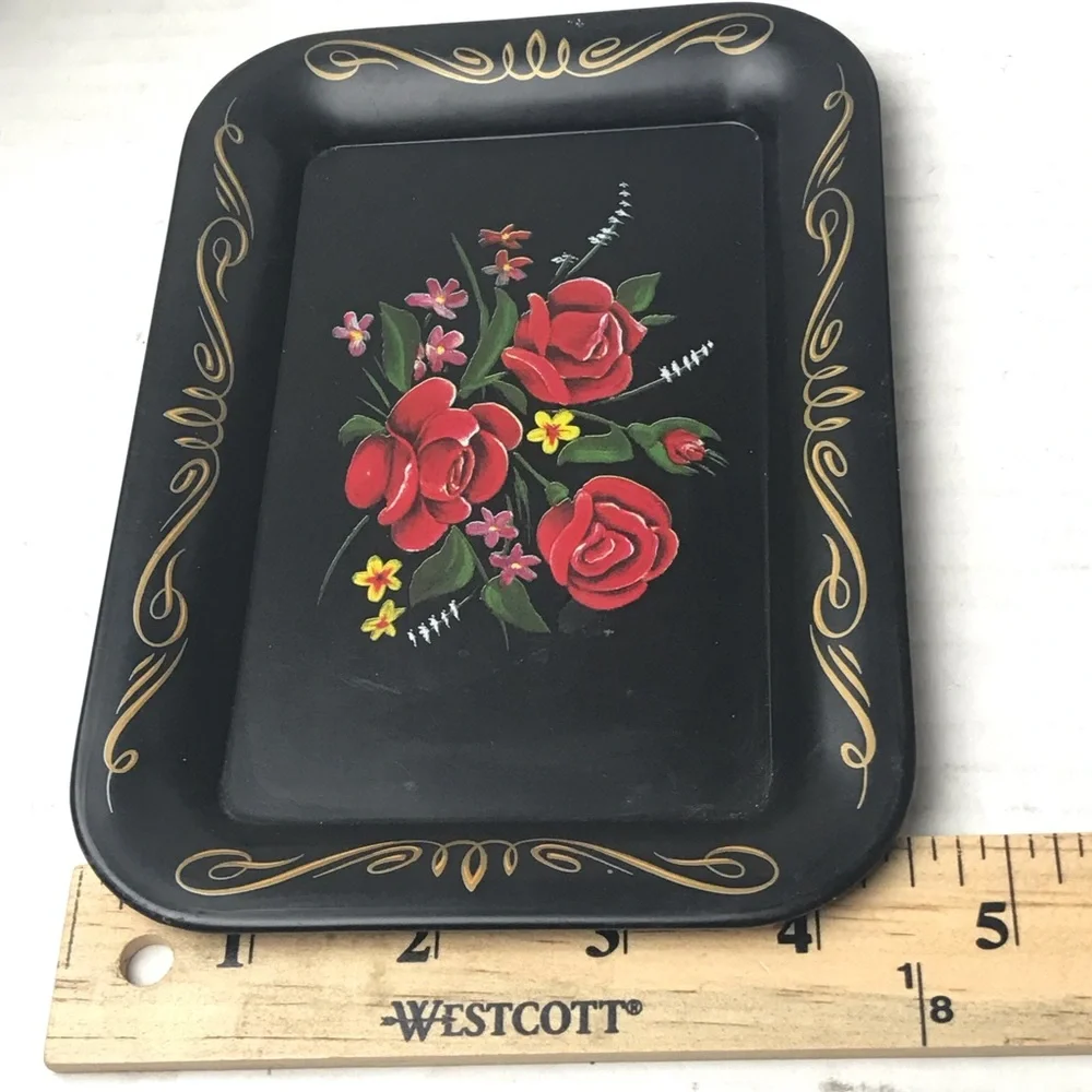 VINTAGE TOLE TRAY METAL HAND PAINTED BLACK FLORAL TRINKET DISH